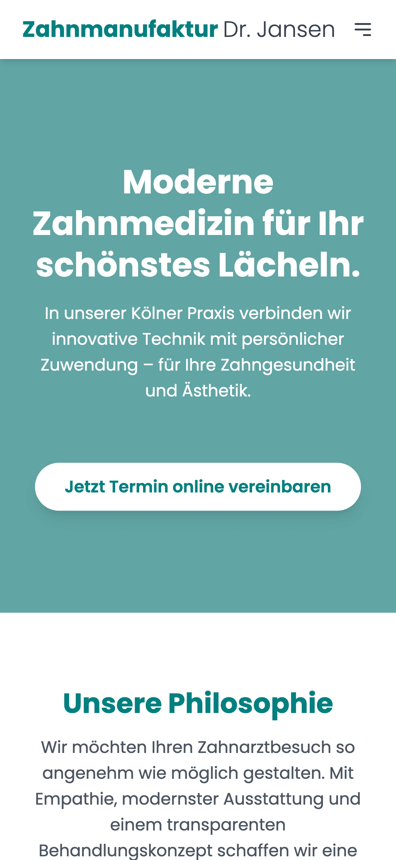 Beispiel für mobiles Webdesign einer Zahnarztpraxis